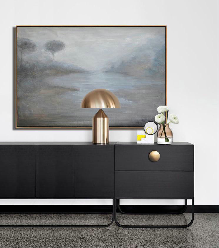 Handmade Large Painting,Horizontal Abstract Landscape Oil Painting On Canvas,Huge Abstract Canvas Art,Grey,White,Blue.etc